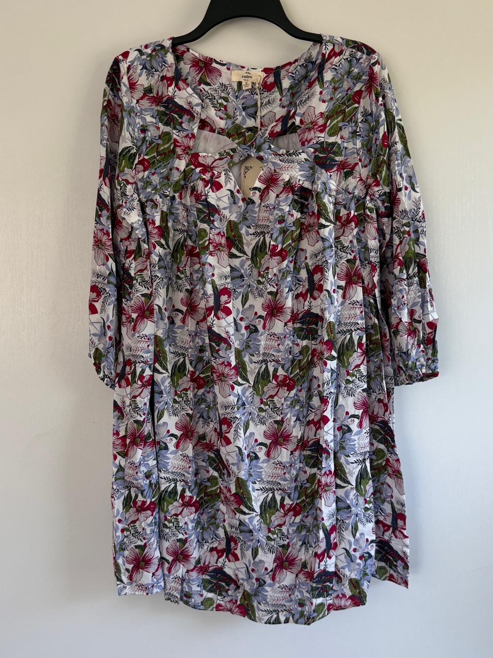 Entro Floral Cut Out Neckline Dress in White with Red & Green Botanical Print